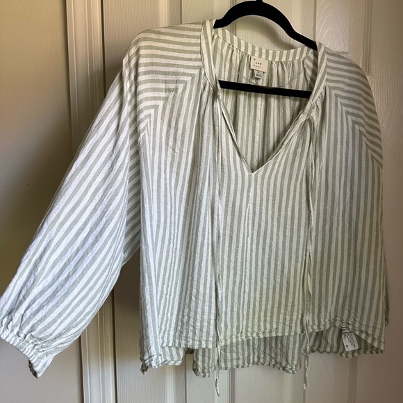 a new day Linen Green Striped Top (Women’s M) - Picture 2 of 6
